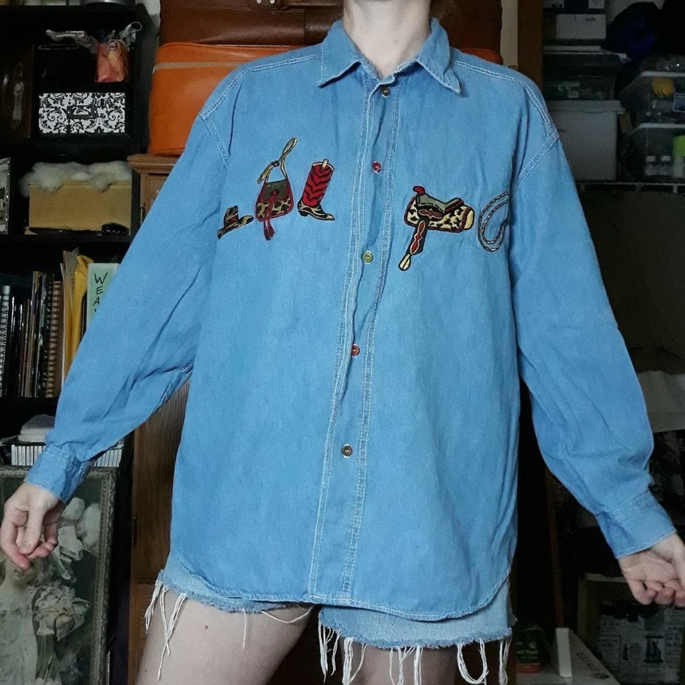 80s Groupy Western Denim Button-Up Shirt Size M Cowboy - Picture 5 of 14